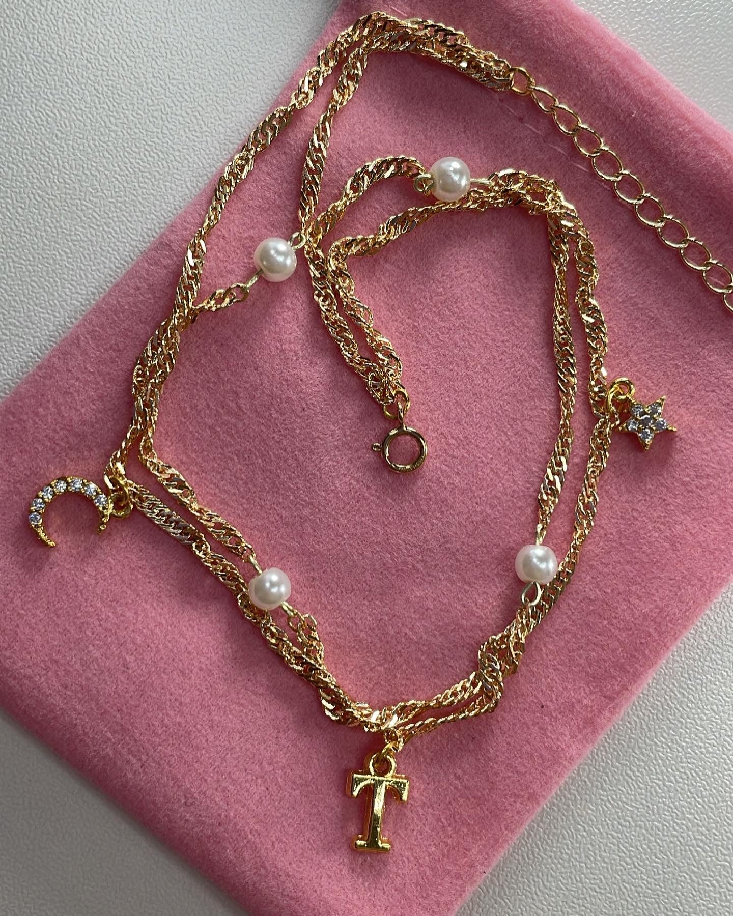 Moon and Star Pearl Initial anklet