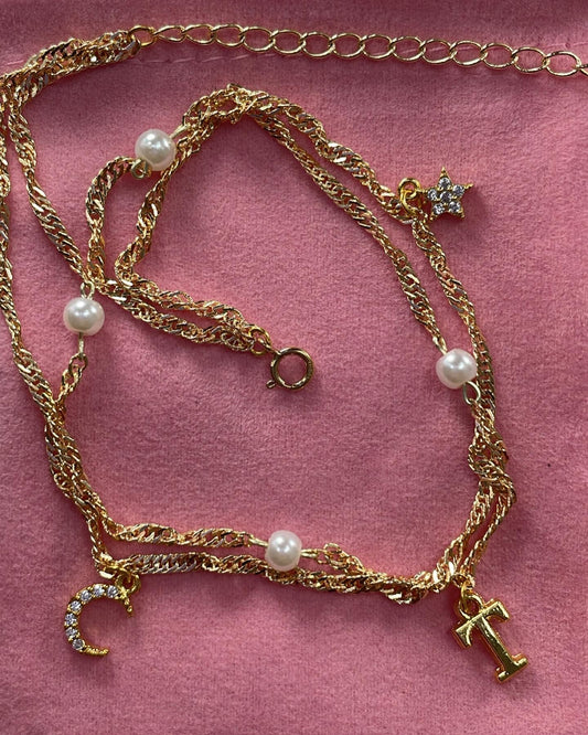 Moon and Star Pearl Initial anklet